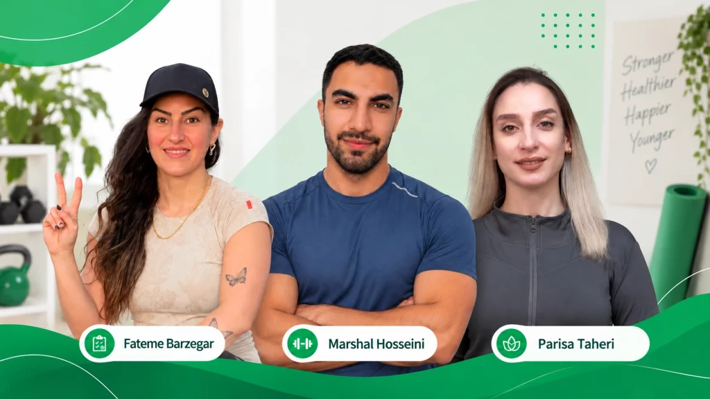 2026, 09_47_59 Three online weight loss coaches for teens, Parisa Taheri, Marshal Hosseini, and Fateme Barzegar, offering different fitness approaches.