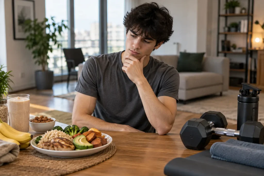 Lean man considering nutrition and strength training for healthy weight gain 