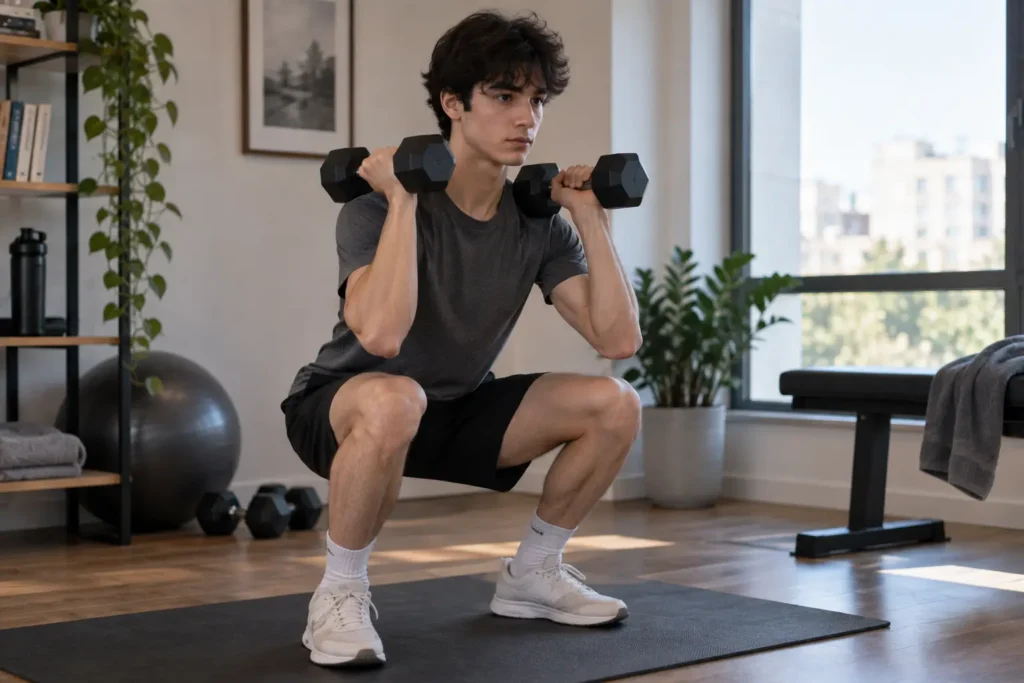 Lean man strength training with dumbbells to support healthy weight gain 