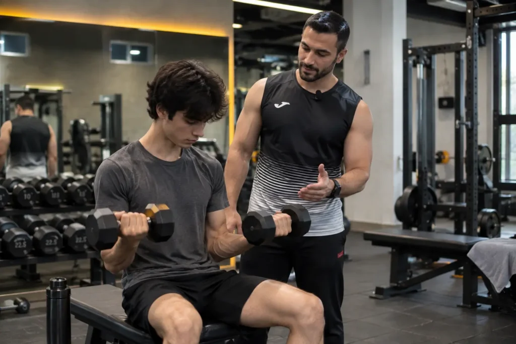 Weight gain coach guiding a client through dumbbell strength training