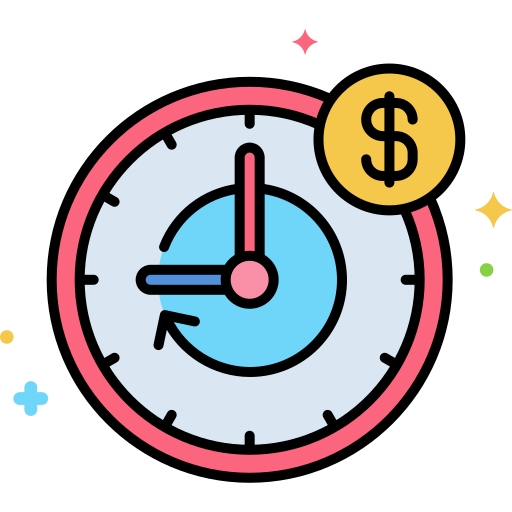 The illustration of a colorful clock with pink and blue hues. There is a golden dollar sign on the top right of it,representing the hourly earnings potential in becoming a personal trainer.