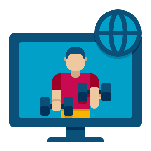 An illustration of a male figure on a monitor, holding dumbbells in both hands. The network globe icon at the top suggests a virtual training session, demonstrating the modern, digital approach for those aiming to become a personal trainer.