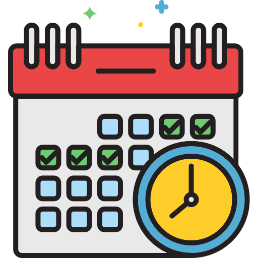 Cartoon image of a calendar with a red top and a grid of dates,some marked with green checkmarks, and a yellow clock in the bottom right, indicating the flexibility and control over your availability when you become a personal trainer.